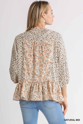 Umgee Contrasting Mixed Floral Top Natural Mix