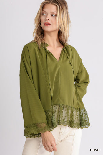 Umgee Tassel Tie and Lace Detail Top in Olive