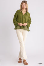 Load image into Gallery viewer, Umgee Tassel Tie and Lace Detail Top in Olive
