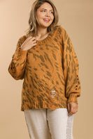 Umgee Animal Print Distressed Sweater in Camel Mix