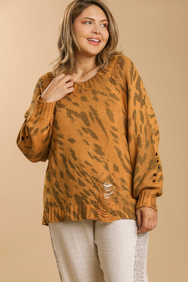 Umgee Animal Print Distressed Sweater in Camel Mix