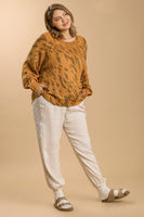 Umgee Animal Print Distressed Sweater in Camel Mix