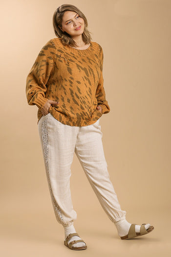 Umgee Animal Print Distressed Sweater in Camel Mix