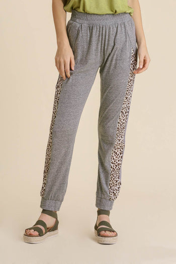 Umgee Animal Print Elastic Waist Jogger Pants with Pockets in Heather Grey