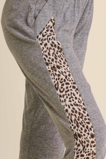 Umgee Animal Print Elastic Waist Jogger Pants with Pockets in Heather Grey