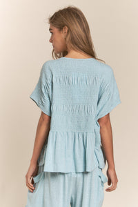 J.nna Solid Color Smocked Top in Celeste Blue