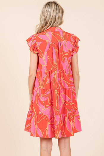 Mittoshop Leaf Print Tiered Mini Dress in Coral Combo