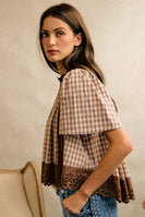 So Me Cotton Check Lace Trim Blouse in Brown
