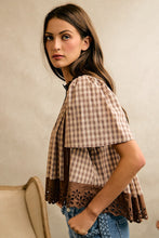 Load image into Gallery viewer, So Me Cotton Check Lace Trim Blouse in Brown
