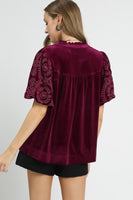Umgee Solid Color Top with Embroidered Sleeves in Wine