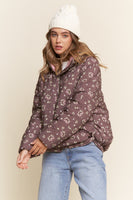 J.nna Ribbon Bow & Floral Print Puffer Jacket in Brown