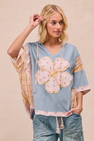 BiBi Mix n Match Hooded Top with Large Flower Patch Front in Denim