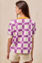 Load image into Gallery viewer, BiBi Knit Sweater Checkered Pattern Top with Football Patched Front in Purple/Gold
