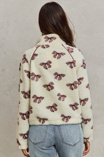 So Me Bow Pattern Sherpa Jacket in Cream/Brown