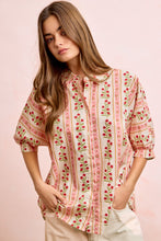 Load image into Gallery viewer, BiBi Bold Woven Striped Floral Print Button Down Top in Red
