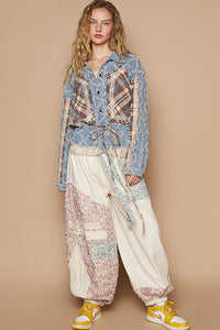 POL Textured Denim Jacket with Plaid and Lace Details in Denim