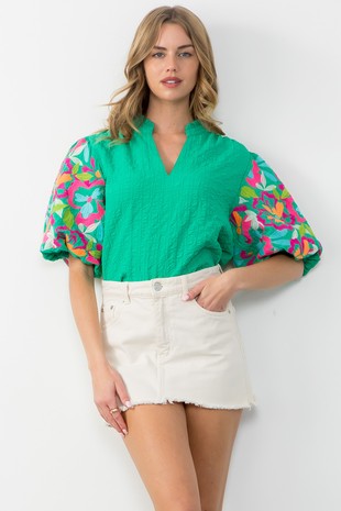 THML Textured Top with Embroidery Sleeves in Green Shirts & Tops THML Clothing   