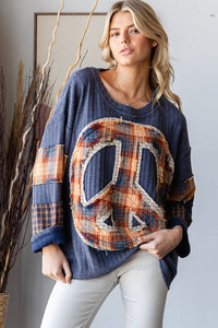 Oli & Hali Knit Top with Mixed Print Peace Sign Patch on Front in Blue