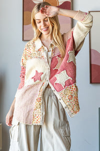 Oli & Hali Mixed Print Button Down Top with Star Patches in Natural