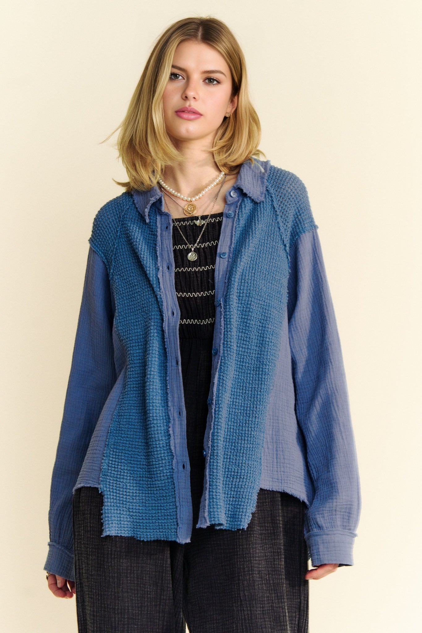 Davi Dani Waffle Knit and Gauze Top in Teal Blue
