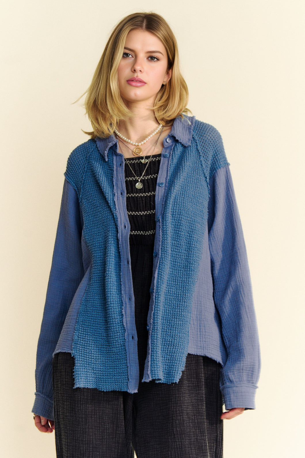 Davi & Dani Waffle Knit and Gauze Top in Teal Blue