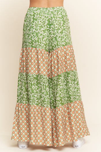 J.nna Color Block Mixed Print Tiered Pants in Green Multi