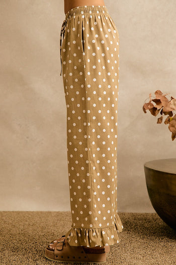 So Me Polka Dot Print Waist Elastic Ruffle Pants in Beige/White