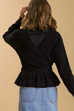 Load image into Gallery viewer, Umgee Long Sleeve Baby Doll V-Neck Tie Waist Wrap Sweater in Black

