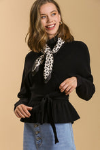 Load image into Gallery viewer, Umgee Long Sleeve Baby Doll V-Neck Tie Waist Wrap Sweater in Black
