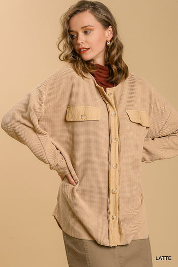 Umgee Shacket with Round Neckline in Latte