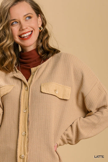 Umgee Shacket with Round Neckline in Latte
