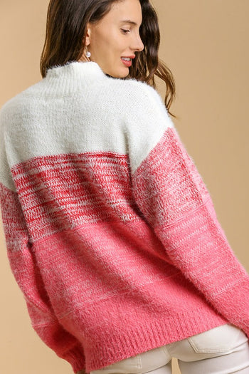 Umgee Color Block Mock Neck Knitted Pullover Sweater in Pink