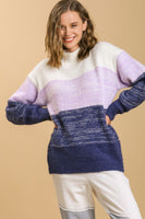 Umgee Color Block Mock Neck Knitted Pullover Sweater in Navy