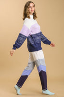 Umgee Color Block Mock Neck Knitted Pullover Sweater in Navy