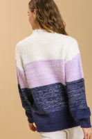 Umgee Color Block Mock Neck Knitted Pullover Sweater in Navy