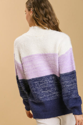 Umgee Color Block Mock Neck Knitted Pullover Sweater in Navy