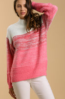 Umgee Color Block Mock Neck Knitted Pullover Sweater in Pink