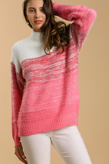 Umgee Color Block Mock Neck Knitted Pullover Sweater in Pink