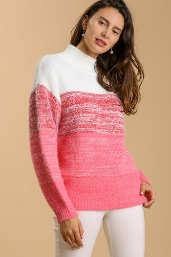 Umgee Color Block Mock Neck Knitted Pullover Sweater in Pink