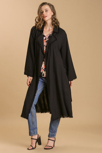 Umgee Linen Blend Open Front Tie Waist Long Jacket in Black