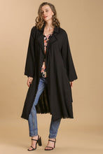Load image into Gallery viewer, Umgee Linen Blend Open Front Tie Waist Long Jacket in Black

