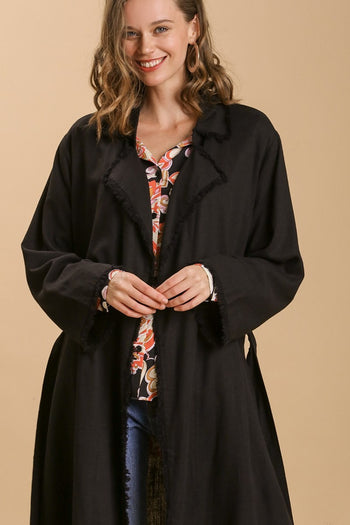 Umgee Linen Blend Open Front Tie Waist Long Jacket in Black