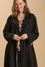 Load image into Gallery viewer, Umgee Linen Blend Open Front Tie Waist Long Jacket in Black
