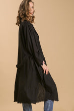 Load image into Gallery viewer, Umgee Linen Blend Open Front Tie Waist Long Jacket in Black
