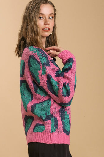Umgee Animal Print Button Front Cardigan in Pink Mix