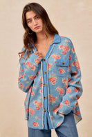 BiBi Floral Print Waffle Thermal Knit Shacket in Floral Denim