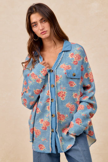 BiBi Floral Print Waffle Thermal Knit Shacket in Floral Denim