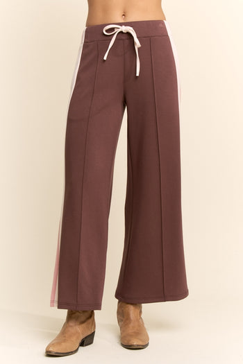 Davi & Dani Side Stripe Wide Leg Pants in Brown Pink