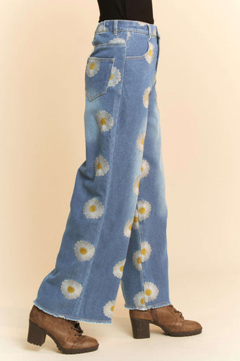 Davi & Dani Wide Leg Jeans with Daisy Flower Stitching in Blue Denim