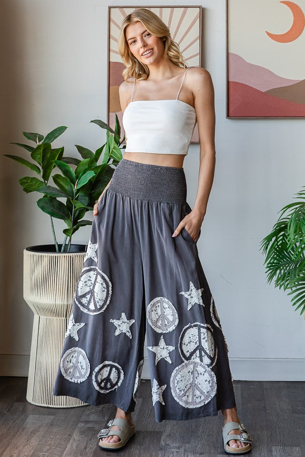 Oli & Hali Smocked Waistband Pants with Peace Sign and Star Patches in Charcoal